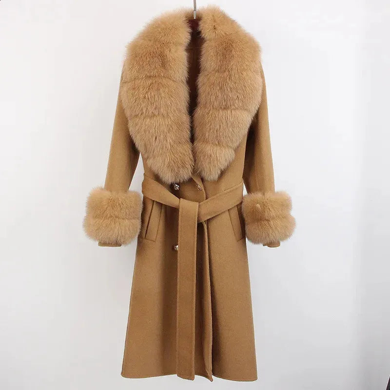 Fur Lace-Up Wool Coat