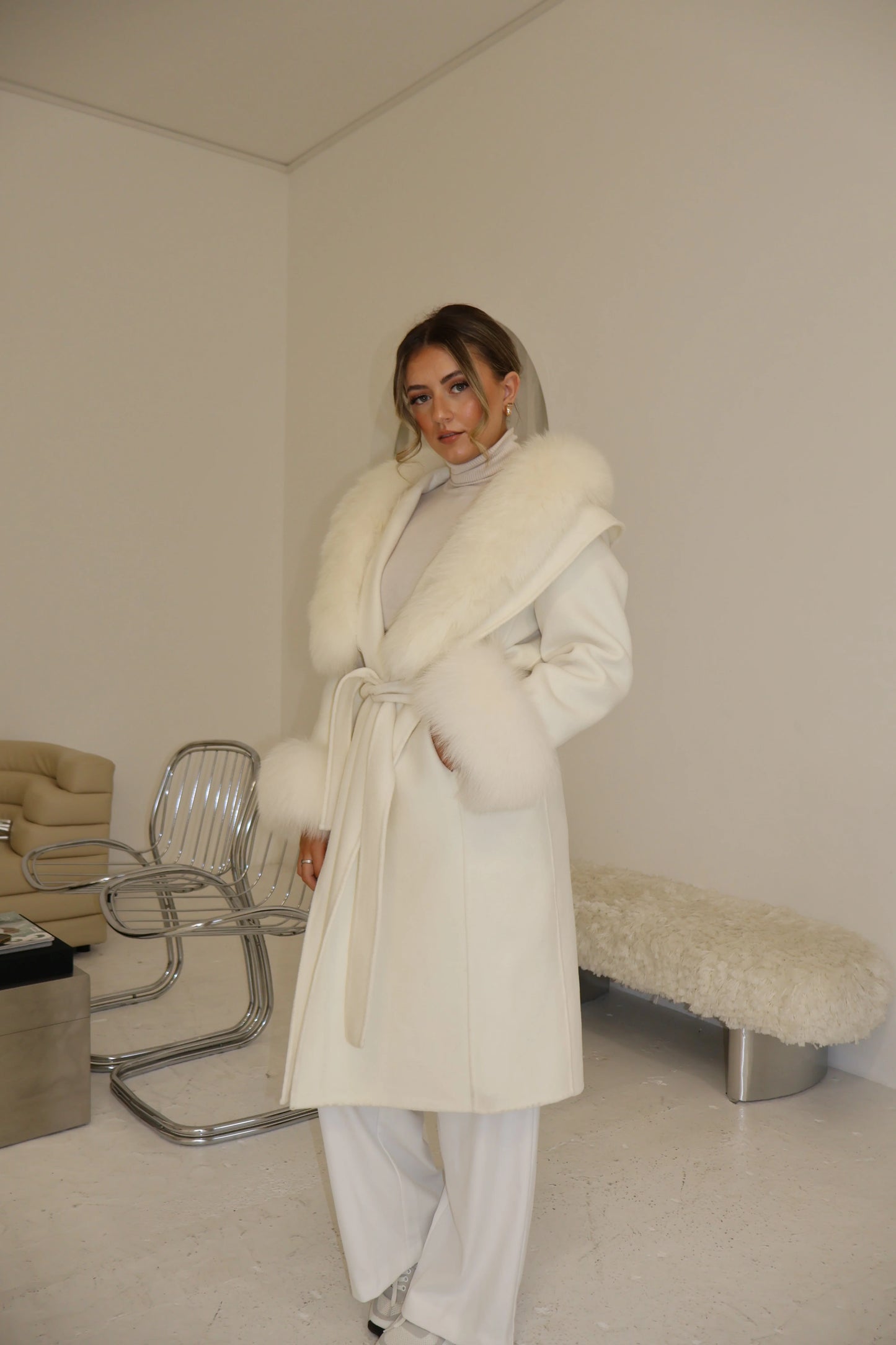 Fur Lace-Up Wool Coat