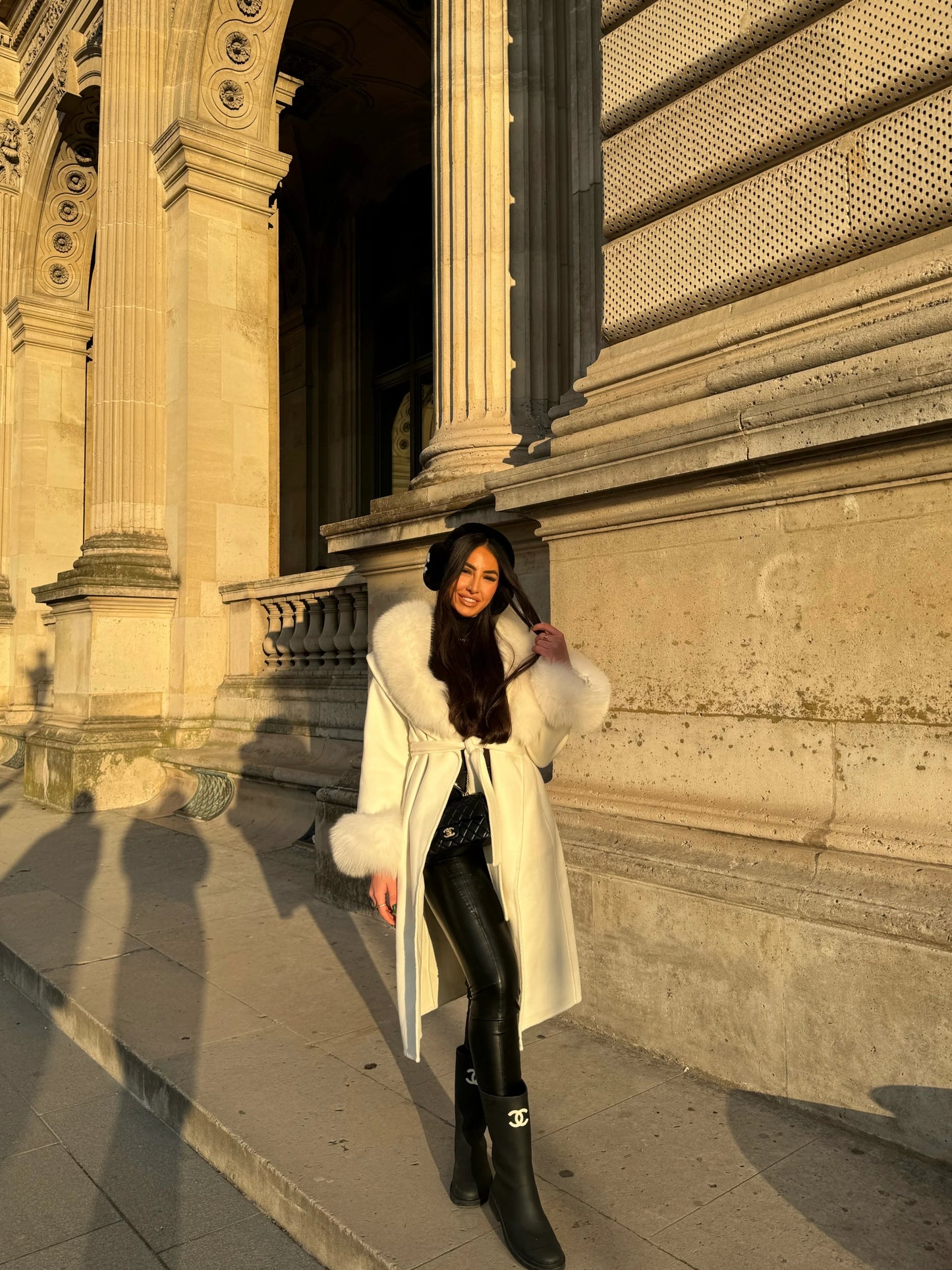 Fur Lace-Up Wool Coat