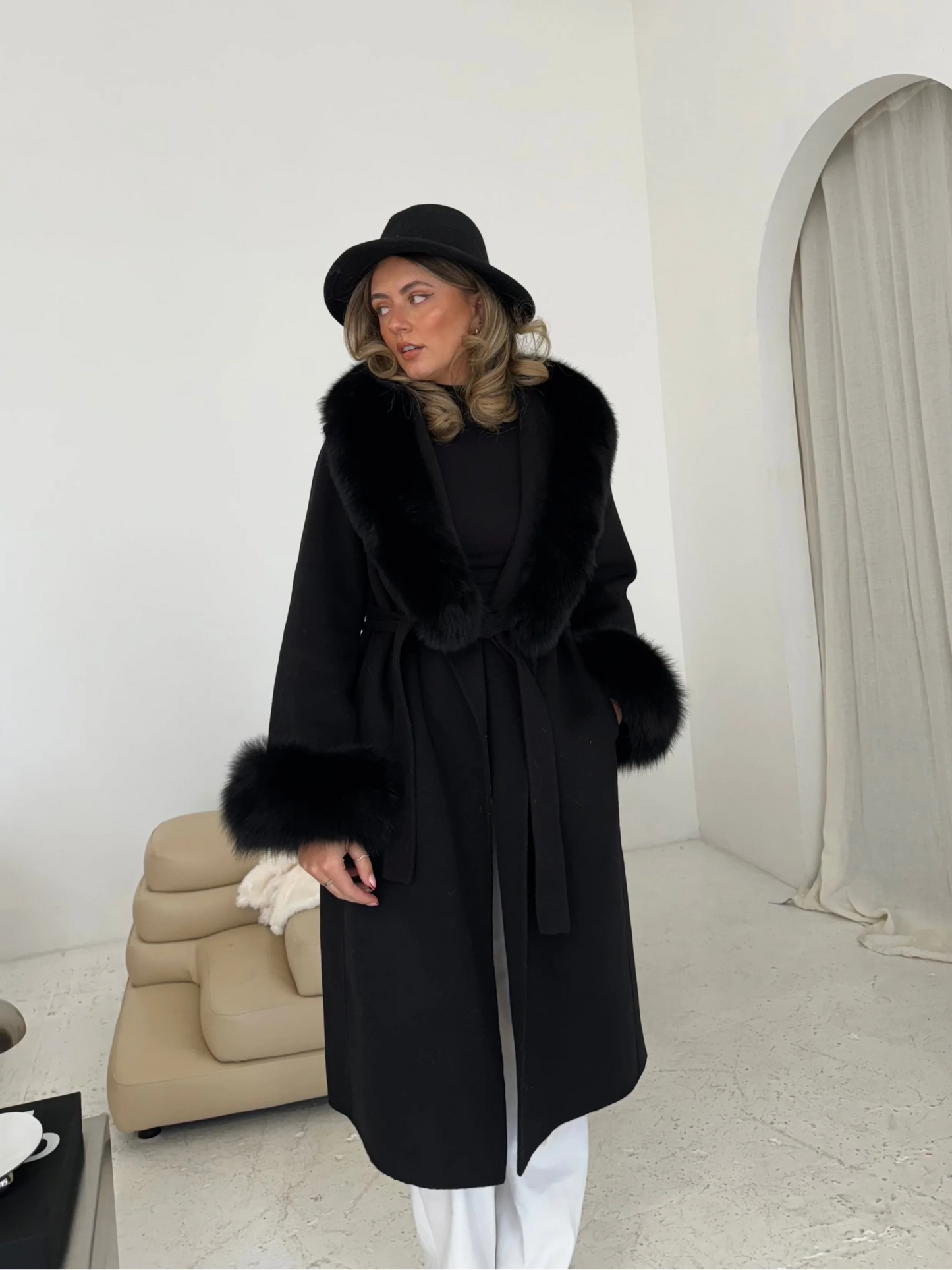 Fur Lace-Up Wool Coat