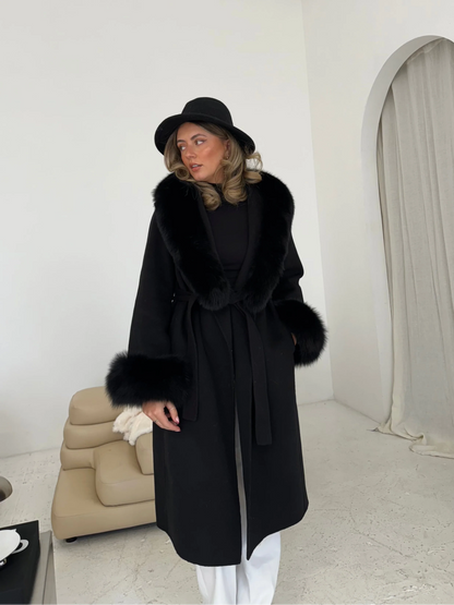 Fur Lace-Up Wool Coat